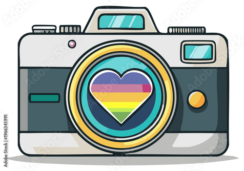 Camera with rainbow heart lens symbol, love concept illustration