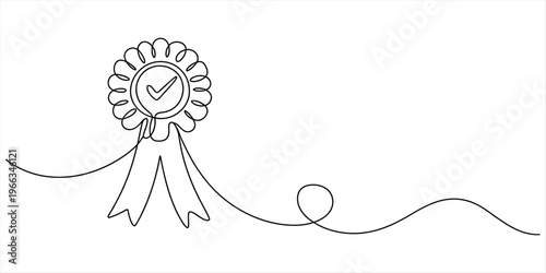Continuous line drawing of an award rosette with a checkmark and hanging ribbons on white background. Vector, illustration