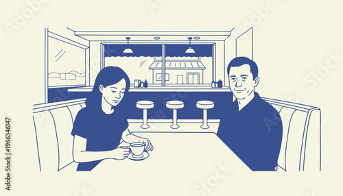 Illustration of two people sitting at diner booth looking at each other.