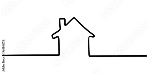 Minimalist single line drawing of a small house with a chimney on a plain white background. Vector, illustration