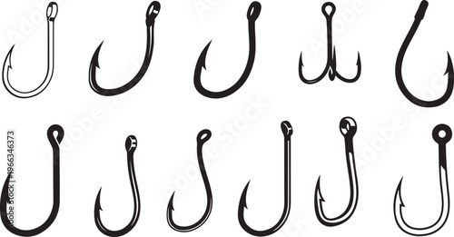 Collection of various fishing hooks on white background