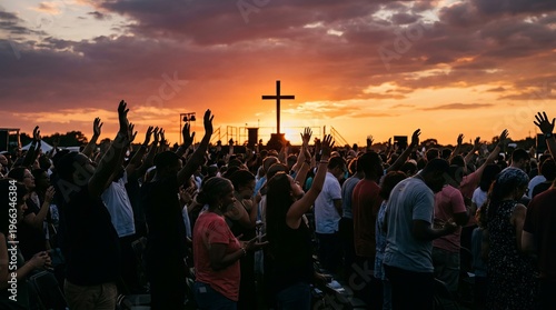 Diverse crowd of people raising hands in worship during a dramatic sunset outdoor spiritual gathering with a prominent cross silhouette