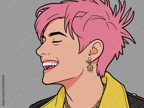 Person with pink hair smiles while wearing a yellow jacket and earrings in an animated style against a gray background