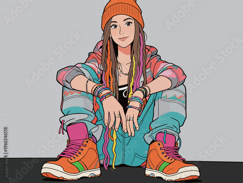 Young woman with dreadlocks sits on the floor in colorful sneakers and a hoodie, showing casual urban style and attitude