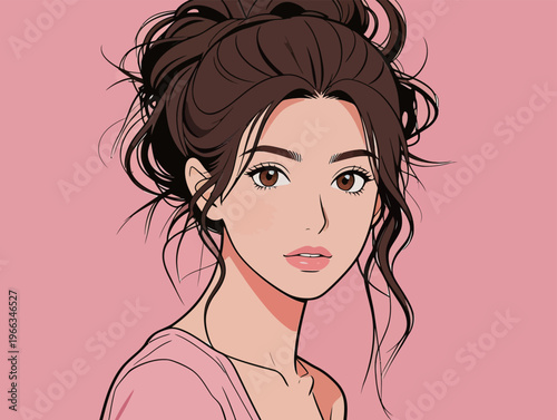 Woman with dark hair in a bun looking directly at the viewer against a pink background during a calm moment