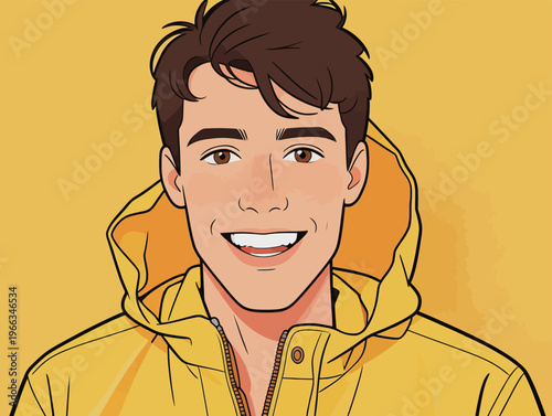 Young man with brown hair wearing a yellow jacket smiles in front of a bright yellow background showing joy and happiness during daytime