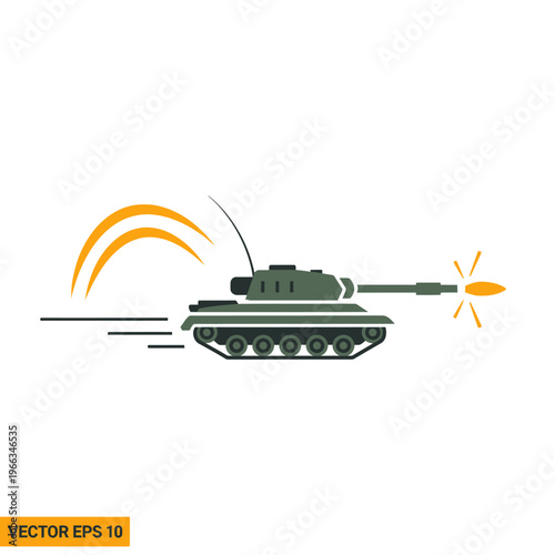 Military Tank Firing Cannon with Projectile in Motion, Vector Art