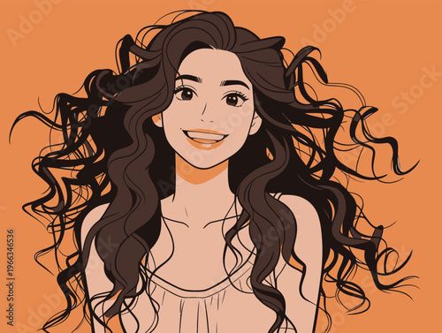 Smiling woman with long curly hair in front of an orange background, enjoying her moment and connecting with the viewer in a vibrant way