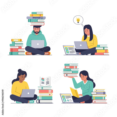 Diverse students learning online surrounded by books, studying, and gaining knowledge