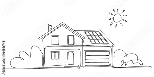 Continuous line drawing of a modern house with solar panels on the roof under a bright sun Vector, illustration
