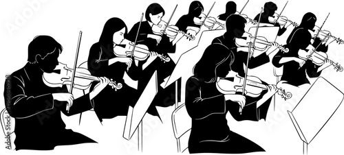 Silhouette vector illustration of musicians playing violins in orchestra performance, classical music concert group, string ensemble artwork for design and educational projects.