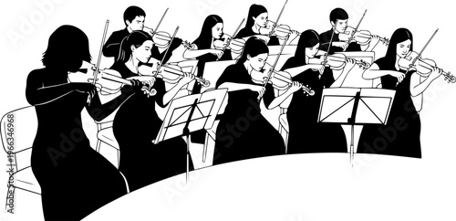 Silhouette vector illustration of musicians playing violins in orchestra performance, classical music concert group, string ensemble artwork for design and educational projects.