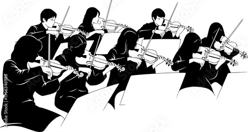 Silhouette vector illustration of musicians playing violins in orchestra performance, classical music concert group, string ensemble artwork for design and educational projects.