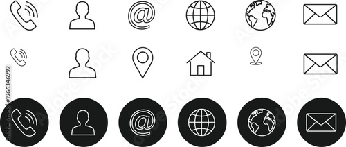 Set, of, professional, contact, icons, including, phone, email, location, address, home, user, and, website, symbols, in, outline, and, black, circle, styles.