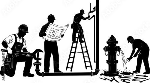 Silhouette vector illustration of plumbers repairing pipes, installing water lines, fixing hydrant leaks, professional maintenance workers with tools, ideal for 