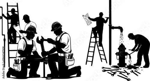 Silhouette vector illustration of plumbers repairing pipes, installing water lines, fixing hydrant leaks, professional maintenance workers with tools, ideal for 