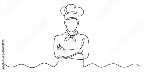 Continuous line drawing of a professional chef wearing a hat and apron with arms crossed. Vector, illustration