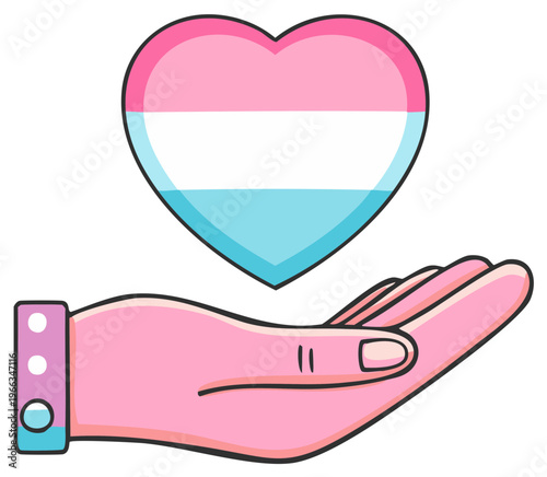 Hand holding a transgender pride heart symbol in soft pink and blue colors
