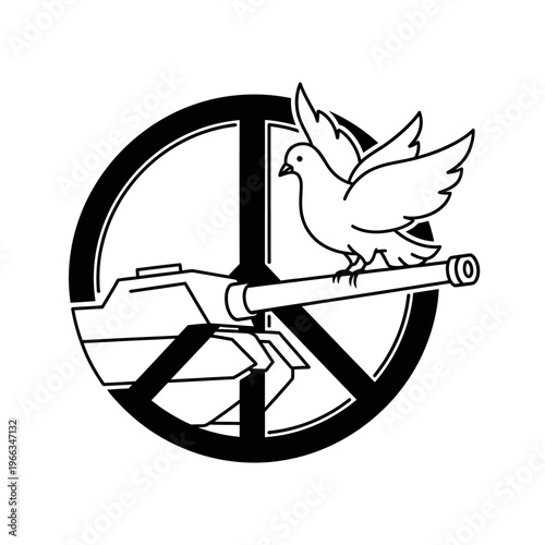 Peace Symbol with Dove and Tank Silhouette - Concept of Ending War