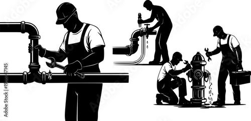 Silhouette vector illustration of plumbers repairing pipes, installing water lines, fixing hydrant leaks, professional maintenance workers with tools, ideal for 