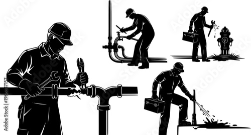 Silhouette vector illustration of plumbers repairing pipes, installing water lines, fixing hydrant leaks, professional maintenance workers with tools, ideal for 
