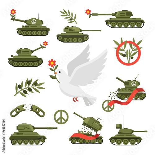 Peace Dove and Tanks with Flowers and Olive Branches Symbolizing Hope and Serenity
