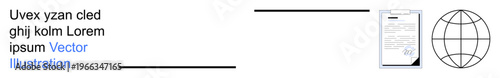 Data management, global connectivity, documentation, communication, digital storage, workflow processes. Text elements, document icon and globe. Data management and global connectivity ion