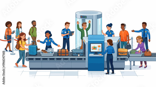 Airport security checkpoint illustration featuring diverse passengers and security officers. Luggage scanning, body scanner, and travel safety procedures shown.