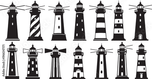 Collection of various lighthouse silhouettes in black and white