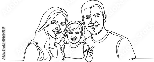 Happy family in continuous line art drawing style. United family portrait of parents and their little girl kid black linear sketch isolated on white background. Vector illustration