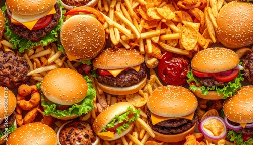 Variety of burgers with fries and snacks on table top view