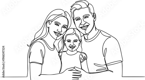 Happy family in continuous line art drawing style. United family portrait of parents and their little girl kid black linear sketch isolated on white background. Vector illustration