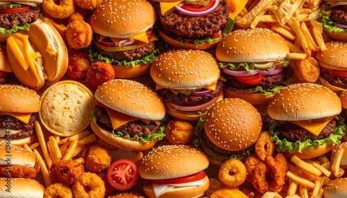 Variety of burgers and fries on display