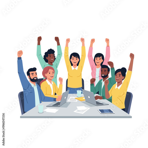 Diverse Team Celebrating Success Around a Meeting Table with Laptops