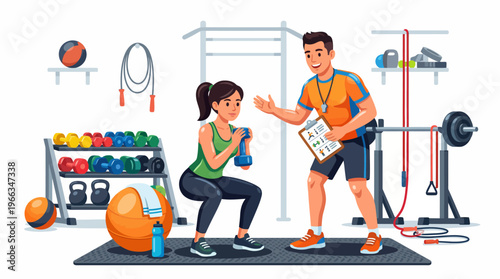 Professional Personal Trainer Coaching a Young Woman Performing Squats with a Dumbbell in a Fully Equipped Gym Illustration for Fitness and Wellness Concepts.