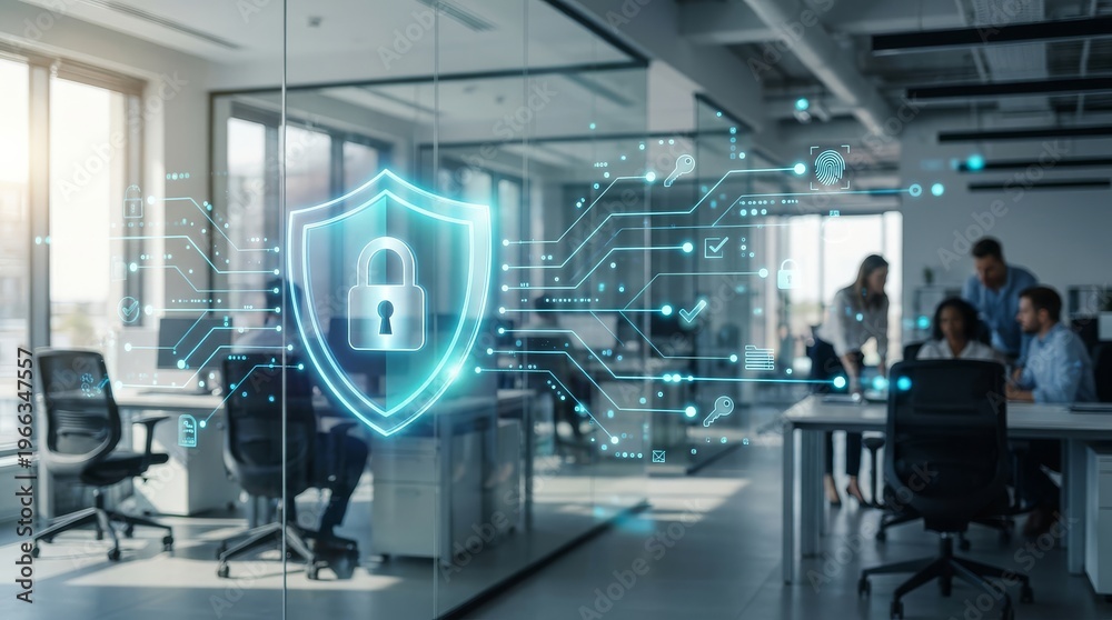 Fototapeta premium Digital shield protecting business data in a modern corporate office environment ensuring cybersecurity
