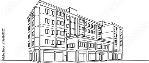 Multi- storey apartment building, office center or industrial building in continuous line art drawing style. Black linear sketch isolated on white background. Vector illustration See Less