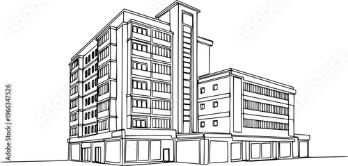 Multi- storey apartment building, office center or industrial building in continuous line art drawing style. Black linear sketch isolated on white background. Vector illustration See Less
