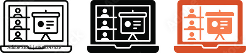 Diverse icons illustrate remote video conferencing meetings featuring online presentation displays and participants.