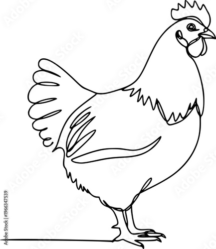 Hen in continuous line art drawing style. Chicken minimalist black linear design isolated on white background. Vector illustration
