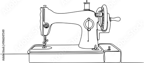 Sewing machine in continuous line art drawing style. Abstract old style sewing-machine for atelier or tailor sign design. Minimalist black linear sketch on white background. Vector illustration S