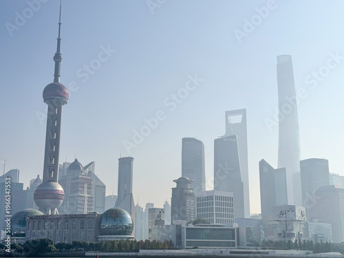 Photography Lujiazui Skyline with Oriental Pearl Tower and Skyscrapers in Haze