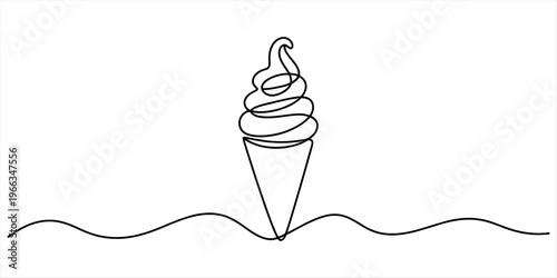 Continuous line drawing of a soft serve ice cream cone on a wavy horizontal base line. Vector, illustration