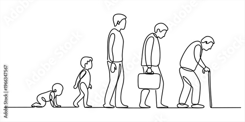 Continuous line drawing showing the evolution of a man from a crawling baby to an elderly man Vector, illustration