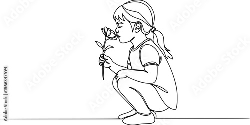 Child smelling flower in continuous line art drawing style. Small girl squatted down to sniff the fragrant flower. Black linear sketch isolated on white background. Vector illustration