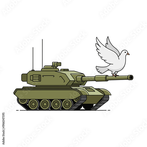 Tank with dove on barrel, symbolizing peace and hope after conflict