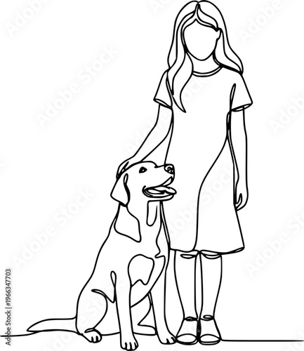 Girl with a dog in continuous line art drawing style. Pet lover black linear sketch isolated on white background. Vector illustration