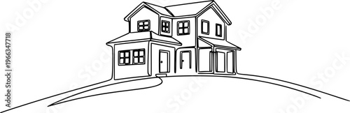 Abstract house on the hill in continuous line art drawing style. Residential building, real estate black linear design isolated on white background. Vector illustration