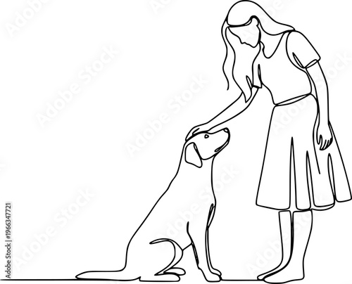 Girl with a dog in continuous line art drawing style. Pet lover black linear sketch isolated on white background. Vector illustration