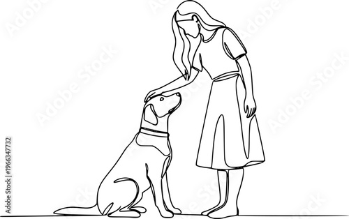 Girl with a dog in continuous line art drawing style. Pet lover black linear sketch isolated on white background. Vector illustration